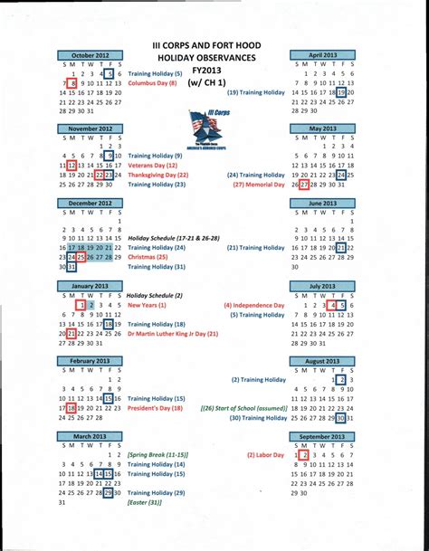 Fort Hood Holiday Calendar 2022